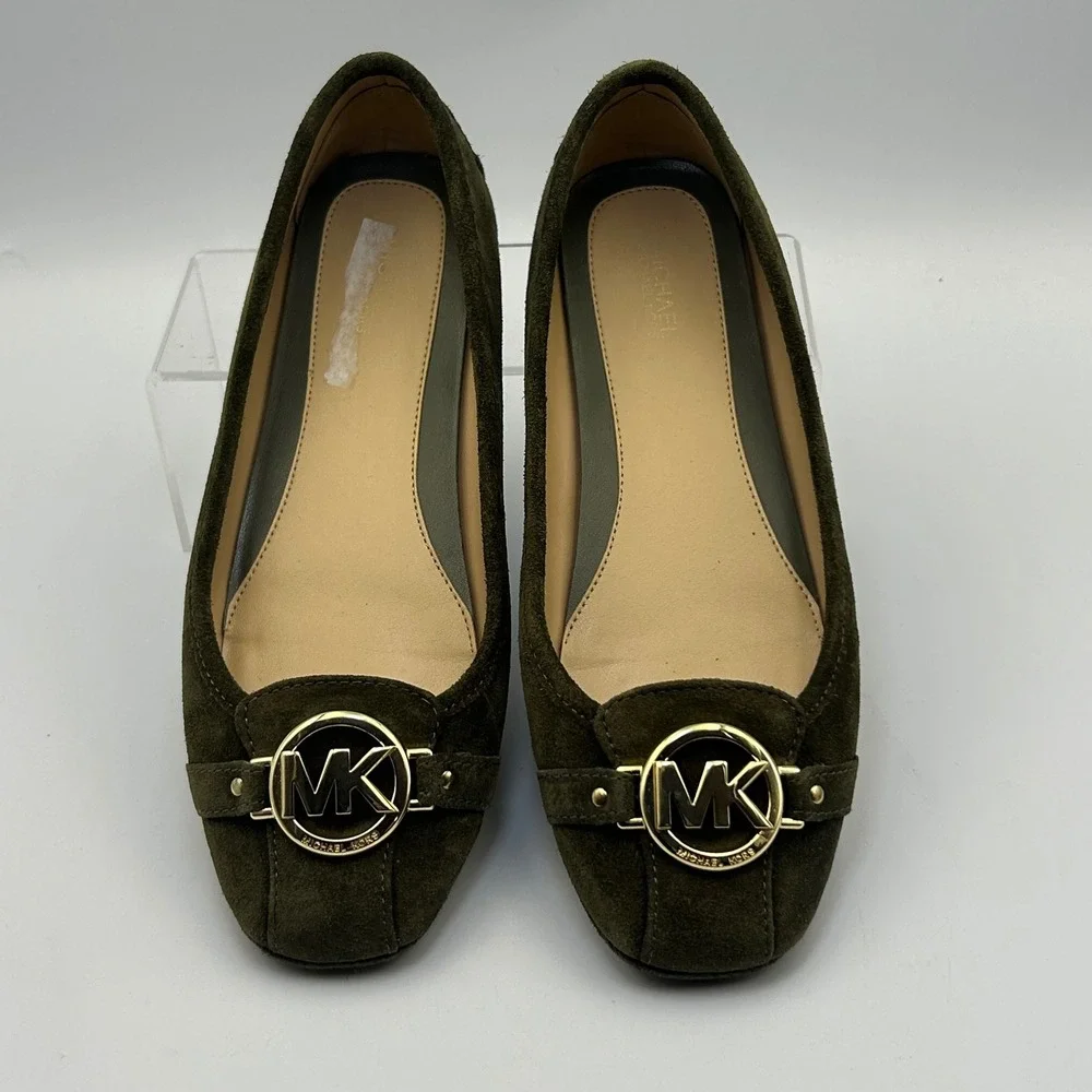 Michael Kors Fulton Ballet Flats Womens 8M Olive Green Suede Gold MK Logo Preppy